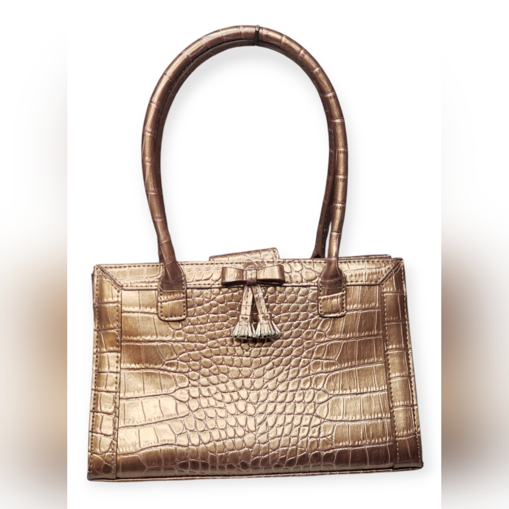 Liz Claiborne Gold Faux Crocodile Embossed Handbag EUC
